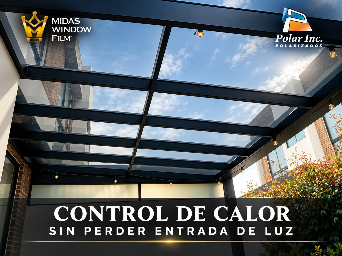 Pérgola de vidrio con película de control de calor que conserva la entrada de luz natural