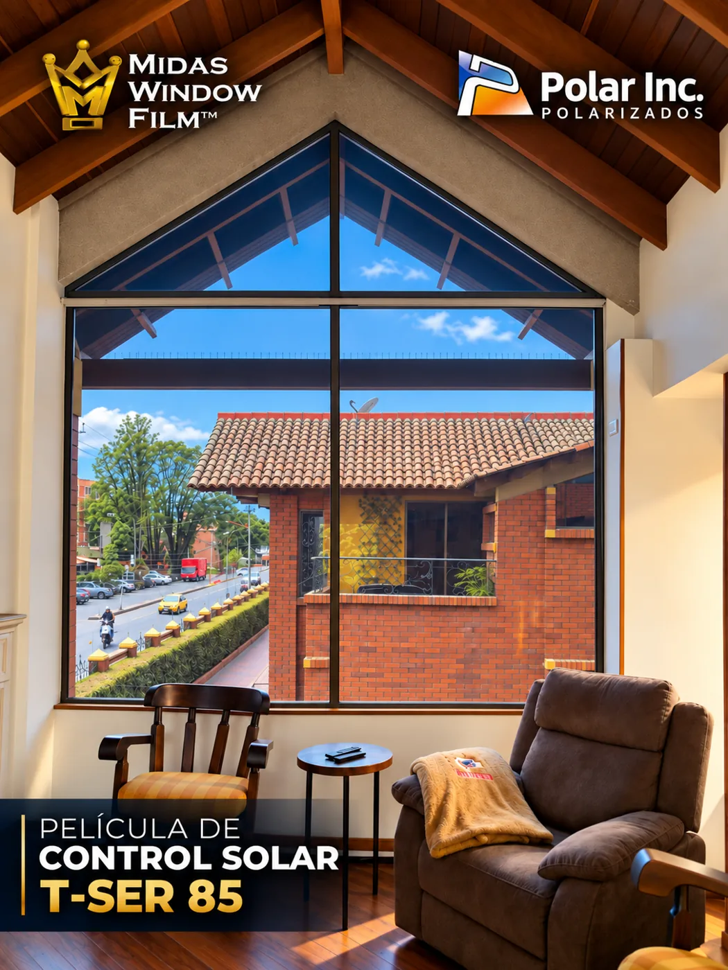 Ventanal de sala con película de control solar T-SER 85 de Midas Window Film